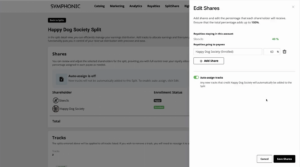 A user interface showing the "Edit Shares" panel in the Symphonic platform for the account "Happy Dog Society Split," displaying auto-assign settings and share percentages.